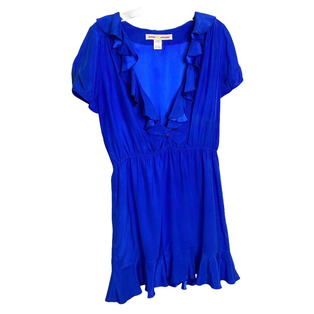 Amanda Uprichard Women's L Mini Dress Blue Silk Short Sleeve Ruffled V-Neck